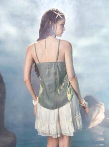 ROMWE Fairycore Nàng Tiên Cá Knot Phía Trước Hanky Hem Cami Top - màu xanh lá - Xem 7