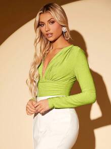 SHEIN BAE Áo liền quần ôm nữ Xù màu trơn Giải trí - Màu xanh chanh - Xem 4