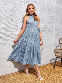 SHEIN 孕婦波點圖案腰帶掛脖連衣裙 - 霧霾藍 - 查看 4