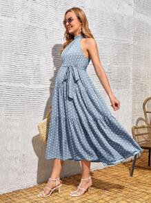 SHEIN 孕婦波點圖案腰帶掛脖連衣裙 - 霧霾藍 - 查看 5