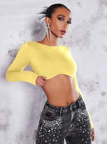 SHEIN BAE Solid Backless Crop Top - Yellow - View 4