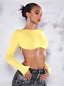 SHEIN BAE Solid Backless Crop Top - Yellow - View 6