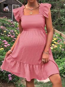 SHEIN Maternity Square Neck Ruffle Trim Dress - Dusty Pink - View 5