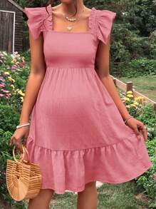SHEIN Maternity Square Neck Ruffle Trim Dress - Dusty Pink - View 6