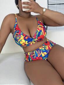 SHEIN Swim Curve Plus Size Tropical Print High Waisted Bikini Set Summer Beach - Multicolor - View 4