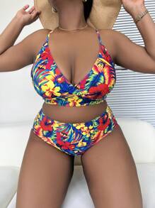 SHEIN Swim Curve Plus Size Tropical Print High Waisted Bikini Set Summer Beach - Multicolor - View 5