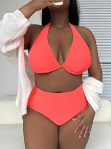 SHEIN Slayr Plus Size Summer Beach Solid Textured Halter Bikini Set, Bathing Suit - Watermelon Pink - View 2