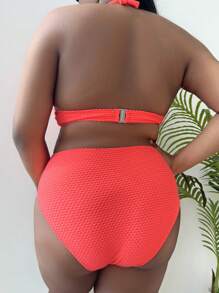 SHEIN Slayr Plus Size Summer Beach Solid Textured Halter Bikini Set, Bathing Suit - Watermelon Pink - View 3
