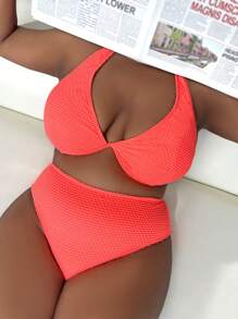 SHEIN Slayr Plus Size Summer Beach Solid Textured Halter Bikini Set, Bathing Suit - Watermelon Pink - View 1