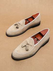 Business Dress Loafers For Men, Faux Suede Tassel Decor Slip-on Dress Shoes - Beige - View 1