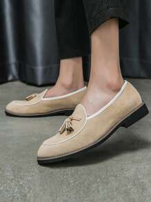 Business Dress Loafers For Men, Faux Suede Tassel Decor Slip-on Dress Shoes - Beige - View 3