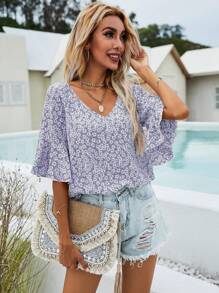 Breezaya Ditsy Floral Flounce Sleeve Blouse - Purple - View 1