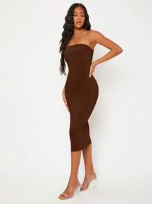 SHEIN BASICS Solid Tube Bodycon Dress - Chocolate Brown - View 3