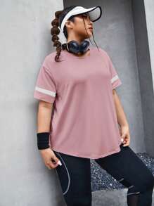 Easithlete Plus Size Striped Print Drop Shoulder Sports Tee Gym Women Shirts