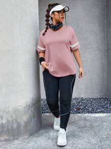 Easithlete Plus Size Striped Print Drop Shoulder Sports Tee Gym Women Shirts
