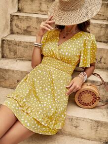 SHEIN VCAY 滿版印花蝴蝶袖連衣裙 - 黃色 - 查看 5