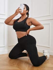 Easithlete 大碼寬腰帶運動打底褲 - 黑色 - 查看 6