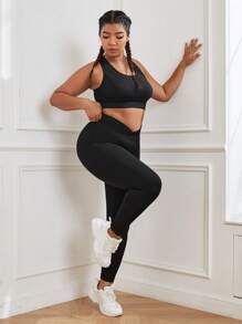 Easithlete 大碼寬腰帶運動打底褲 - 黑色 - 查看 7