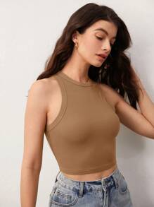 SHEIN BASICS 實色短款背心，外出穿搭上衣 - 咖啡棕 - 查看 4