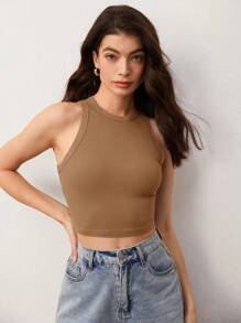 SHEIN BASICS 實色短款背心，外出穿搭上衣 - 咖啡棕 - 查看 5