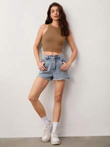 SHEIN BASICS 實色短款背心，外出穿搭上衣 - 咖啡棕 - 查看 6