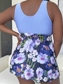 Plus Size Floral Print Ruched Tankini Summer Beach - Multicolor - View 2