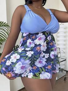 Plus Size Floral Print Ruched Tankini Summer Beach - Multicolor - View 4
