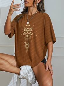 SHEIN EZwear Áo thun nữ Loại bướm Giải trí - màu nâu - Xem 1