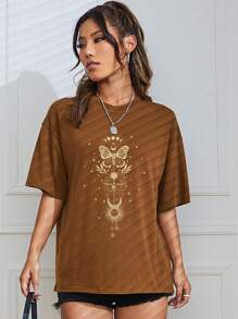 SHEIN EZwear Áo thun nữ Loại bướm Giải trí - màu nâu - Xem 4