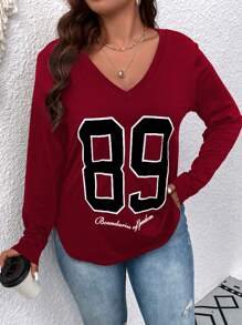 Flirla 加字母图案 V 领 T 恤 图案 T 恤 女式上衣 - 紅木色 - 查看 6