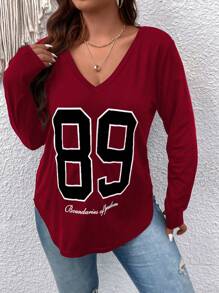 Flirla 加字母图案 V 领 T 恤 图案 T 恤 女式上衣 - 紅木色 - 查看 7