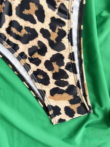 Leopard Print Frill Trim Halter Triangle Bikini Set With Beach Skirt - Green - View 5