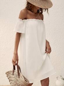 SHEIN VCAY Đầm viền lá sen màu trơn Boho - trắng - Xem 5