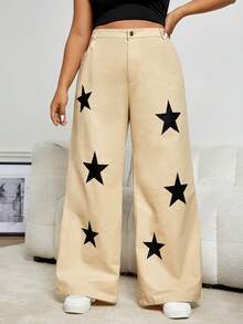 SHEIN Coolane Plus Star Print Wide Leg Trousers - Khaki - View 4