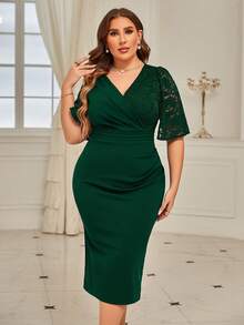 CurvySweet Đầm Plus Size Tương phản ren Chia Trọn gói màu trơn Thanh lịch - Màu xanh lá cây đậm - Xem 5