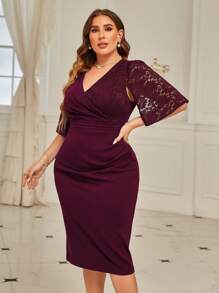 CurvySweet Plus Contrast Lace Surplice Neck Bodycon Dress - Burgundy - View 1