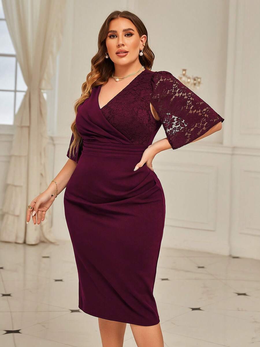 CurvySweet Plus Contrast Lace Surplice Neck Bodycon Dress - Burgundy - View 1