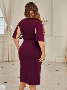 CurvySweet Plus Contrast Lace Surplice Neck Bodycon Dress - Burgundy - View 2