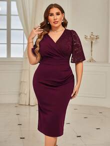 CurvySweet Plus Contrast Lace Surplice Neck Bodycon Dress - Burgundy - View 5