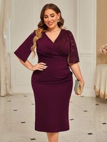 CurvySweet Plus Contrast Lace Surplice Neck Bodycon Dress - Burgundy - View 6