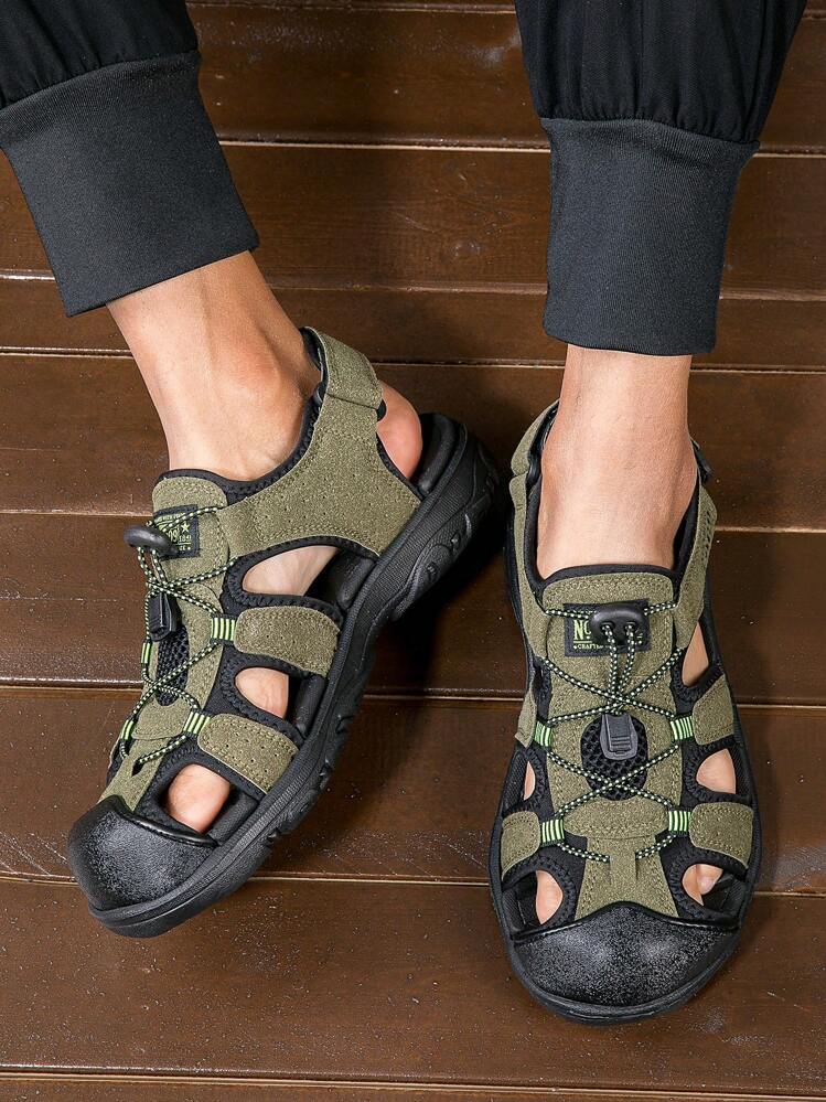 Heren sandalen met grafisch ontwerp met trekkoord, sportieve buitenstof sportsandalen - Leger groen - Bekijken 1