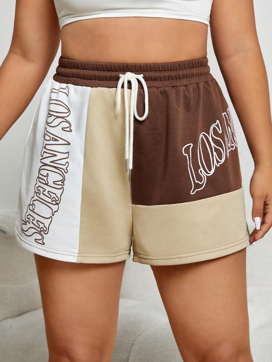 SHEIN EZwear Plus Letter Graphic Colourblock Drawstring Waist Shorts - Multicolor - View 1