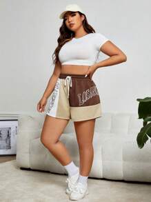 SHEIN EZwear Plus Letter Graphic Colourblock Drawstring Waist Shorts - Multicolor - View 4