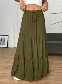 SHEIN EZwear 腰部打結荷葉邊超長半身裙 - 軍綠色 - 查看 3
