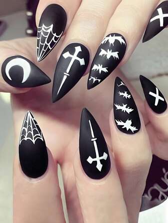 Halloween trasformare tuo Unghie finte con 24 pezzi lungo mandorla nero ragnatela pipistrello luna opaco motivo Unghie finte & 1 pezzo lima per unghie & 1 foglio nastro