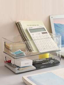 1pc Transparent Stationery Storage Box, Basics Easy To Use Desk Holder For Office School - Clear - View 4