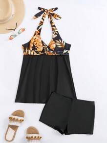 SHEIN Swim Tropical Print Halter Swim Dress Summer Beach - Multicolor - View 3