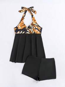 SHEIN Swim Tropical Print Halter Swim Dress Summer Beach - Multicolor - View 2