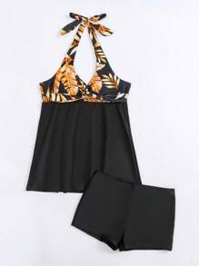 SHEIN Swim Tropical Print Halter Swim Dress Summer Beach - Multicolor - View 5