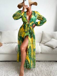 Tropical Print Belted Kimono - Yellow - View 1